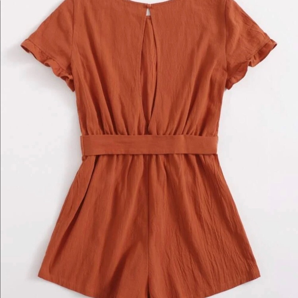 Ruffle Trim Split Back Self Belted Romper
